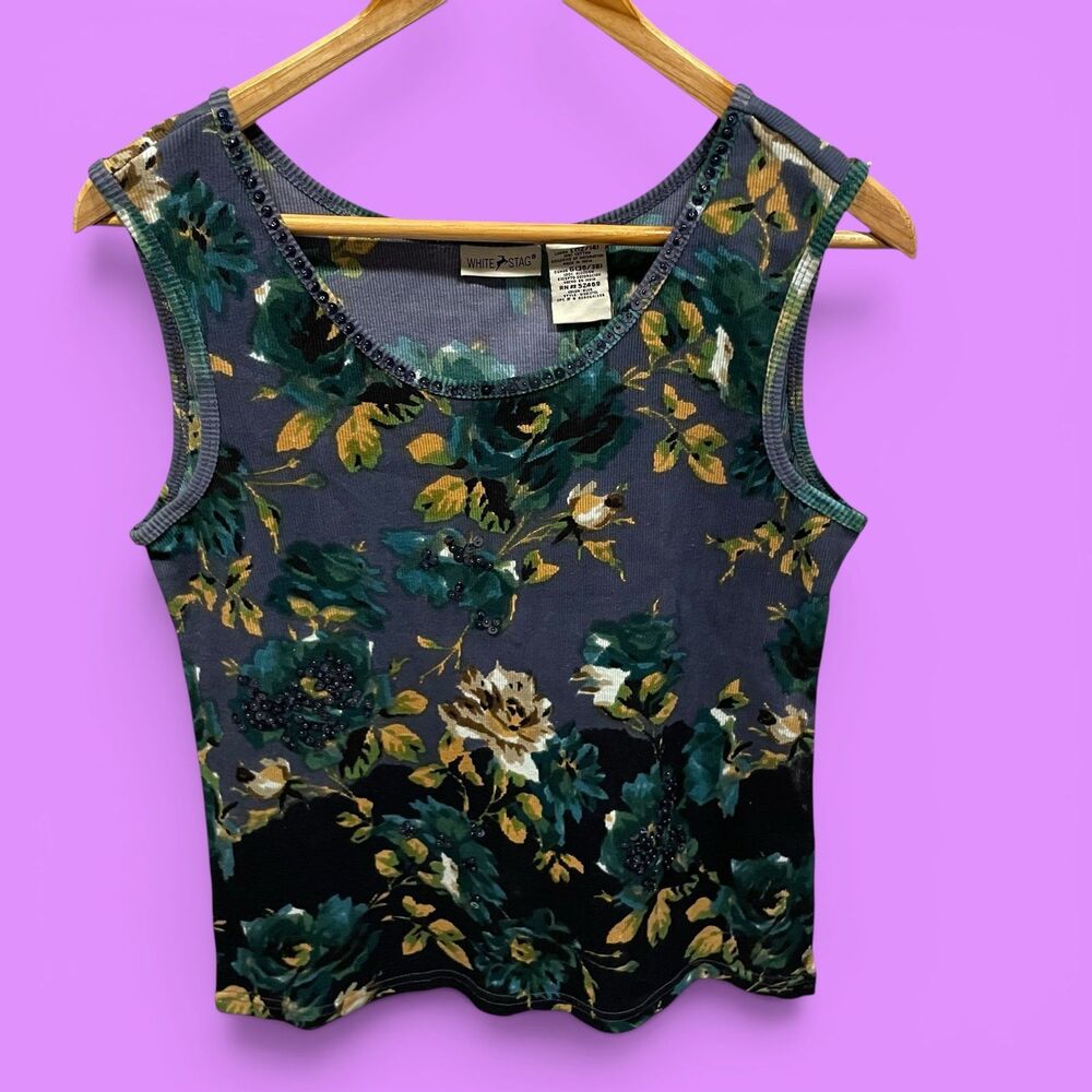 Cute Y2K NWT navy cotton ribbed sequin beaded sleeveless top floral fairy